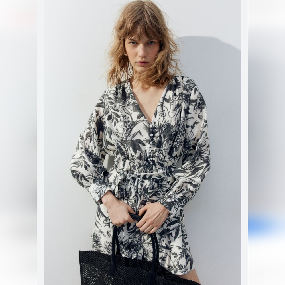 Zara Monochrome Floral Long Sleeve Dress